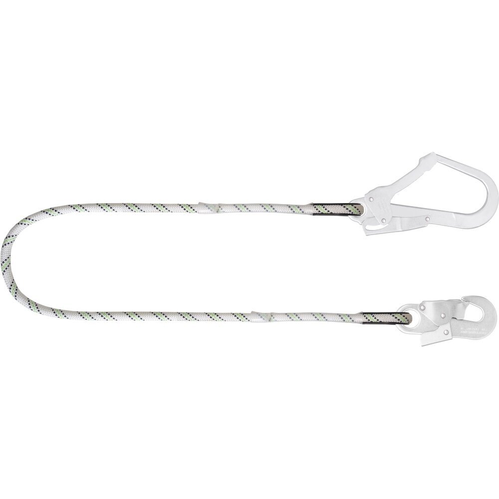 Kratos Safety Restraint Kernmantle Rope Lanyard length 1.50 m with a steel snap hook at one end and a steel scaffold hook at the other end